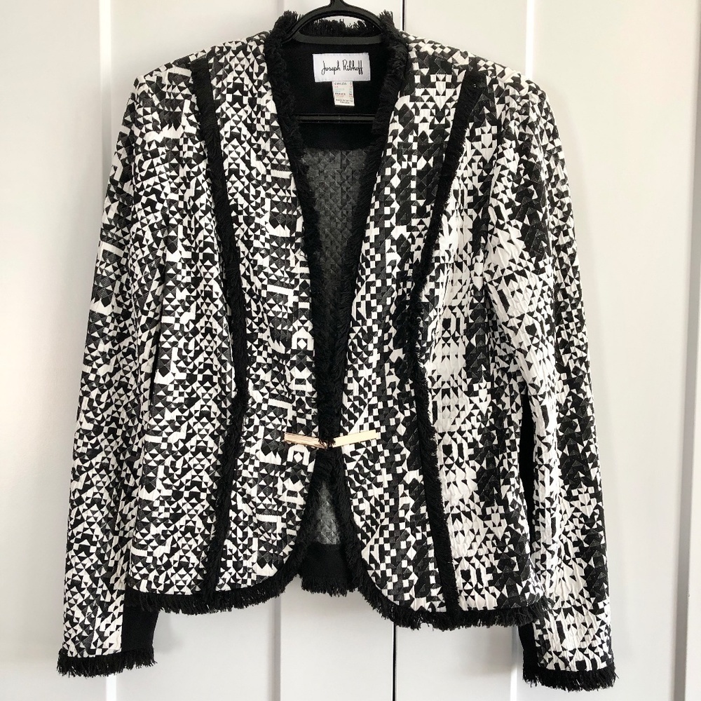 Joseph Ribkoff, Blazer, Black And White, With Black Fringe Trim, Size 8